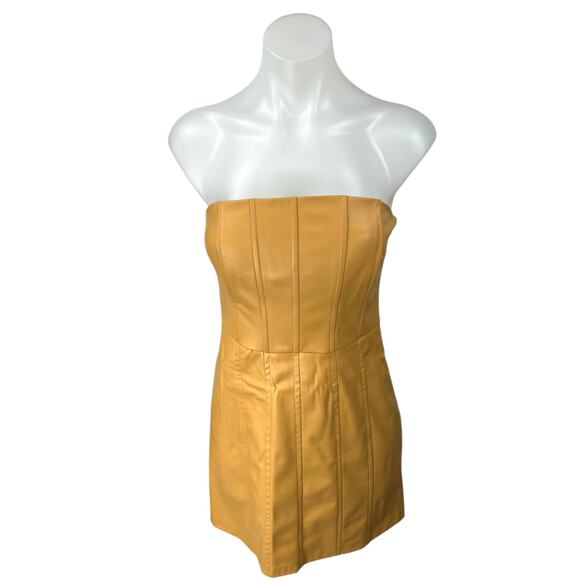 Zara Brown Faux Vegan Leather Sleeveless Strapless Mini Corset Tank Tube Dress S - Picture 1 of 4